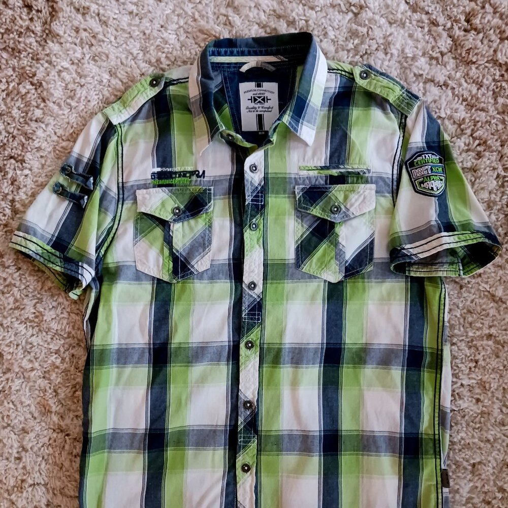 TXT Premium Collection Boy's L, Men’s M Button Up Grey Green Plaid Embroidered